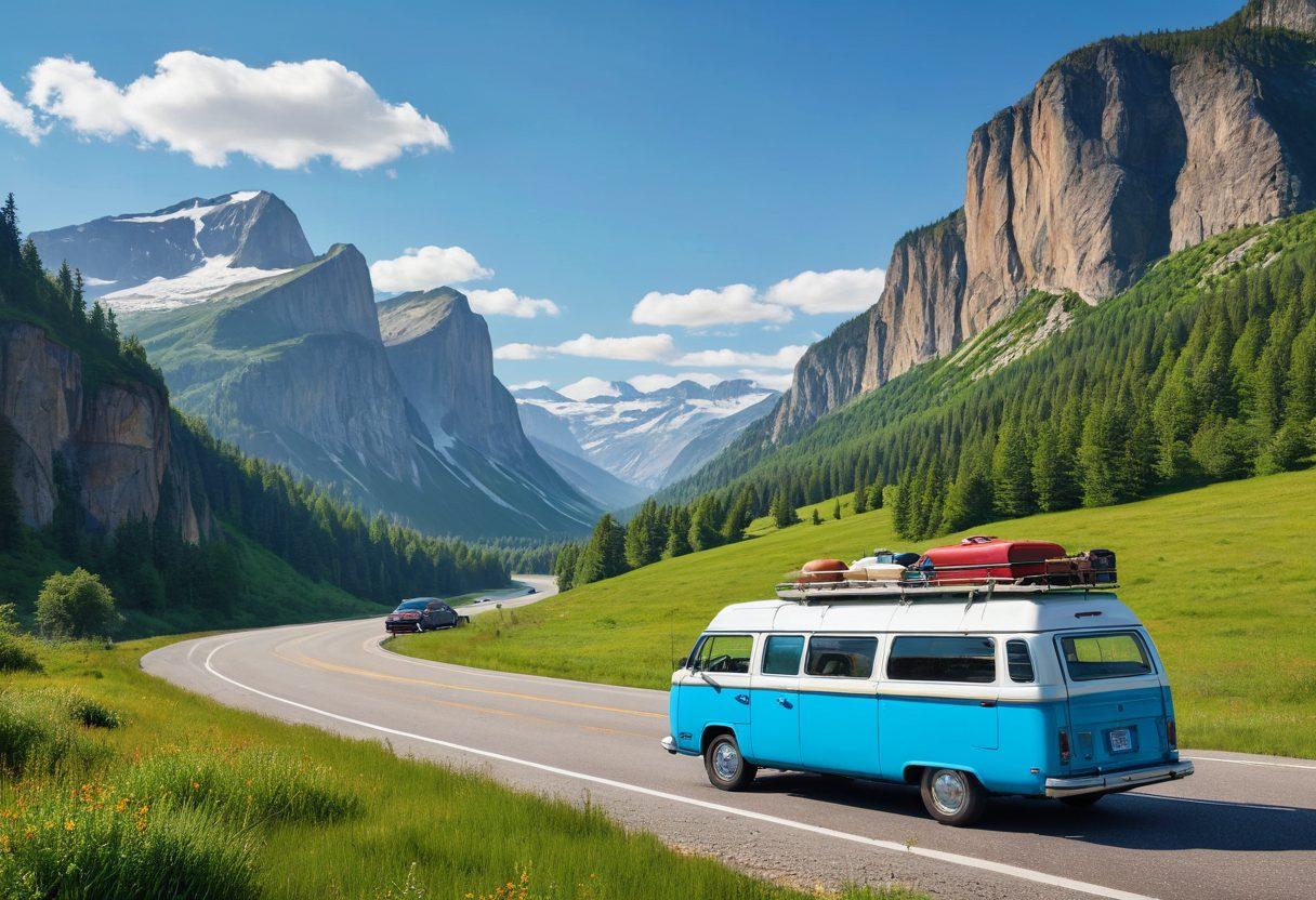 A vibrant scene depicting an open highway with various vacation vehicles like a camper van, RV, and a convertible car parked by a scenic overlook. In the background, lush green mountains and a bright blue sky set the mood for adventure. Incorporate elements of travel like suitcases and maps scattered around. Include a sense of warmth and freedom to inspire road trips. super-realistic. vibrant colors. spacious landscape.