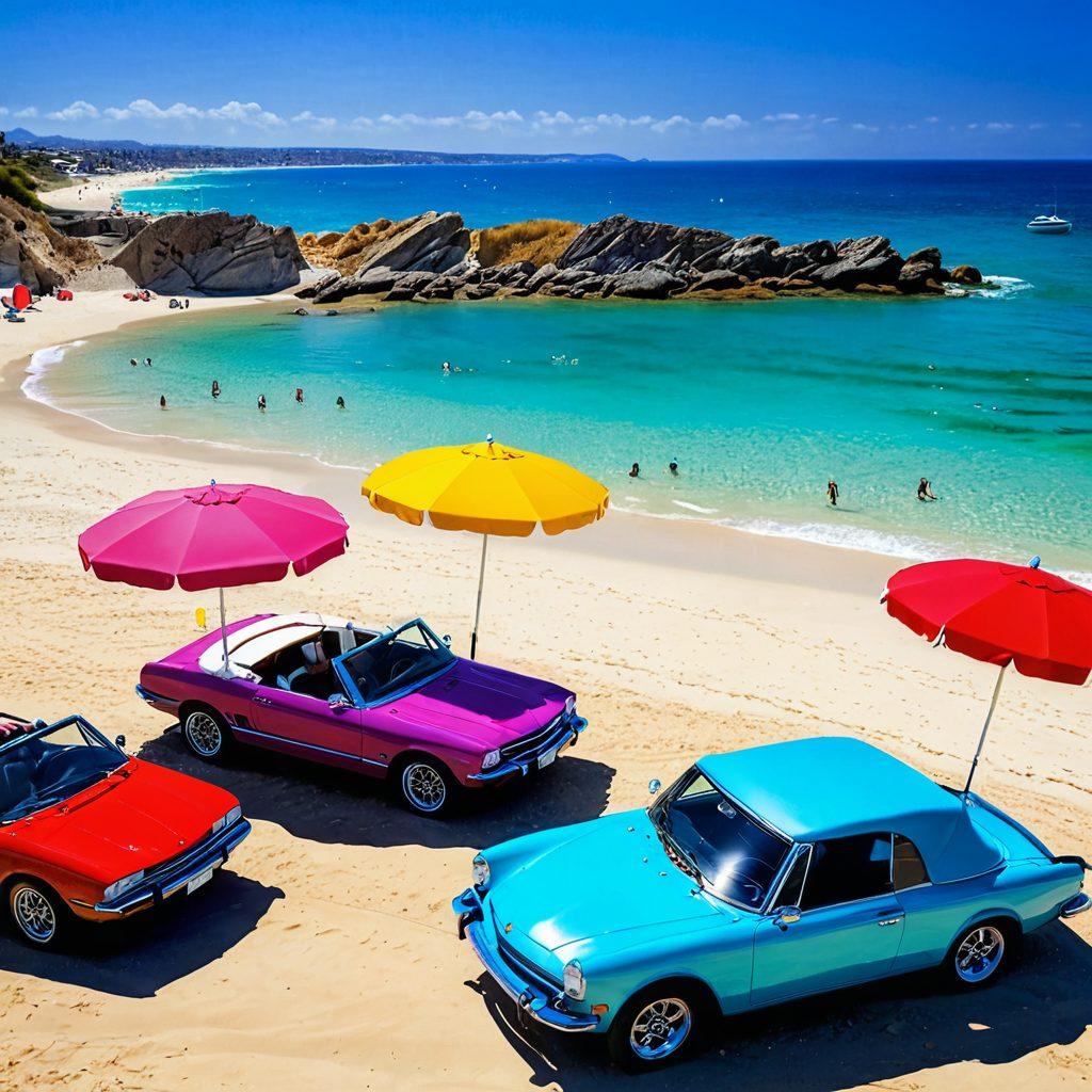 A vibrant beach scene with a stylish convertible car parked in the sand, surrounded by colorful beach umbrellas and rental beachwear displayed nearby. The sun shines brightly, casting playful reflections on the water while a couple enjoys the beach vibe in fashionable swimsuits and sunglasses. The mood is relaxed and festive, evoking a perfect summer vacation atmosphere. super-realistic. vibrant colors. bright blue sky.