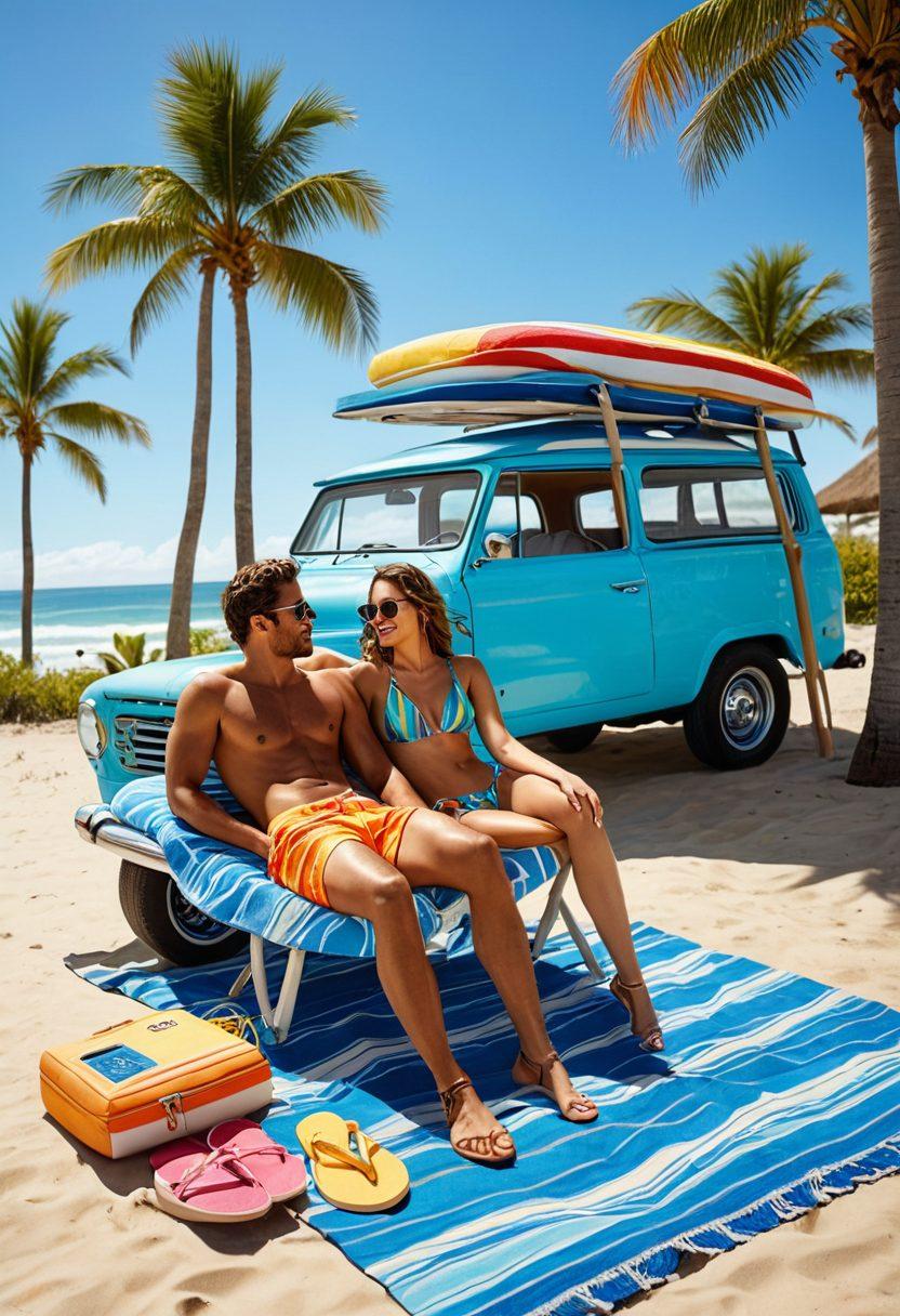 A vibrant beach scene featuring a stylish couple in trendy beachwear lounging next to a colorful rental car adorned with beach accessories. The sun is shining brightly, with palm trees swaying in the background and waves gently lapping at the shore. Include beach towels, flip flops, and sunglasses scattered around, creating a carefree summer vibe. Use bright colors and dynamic angles to capture the joy of a summer getaway. super-realistic. vibrant colors. summer aesthetic.